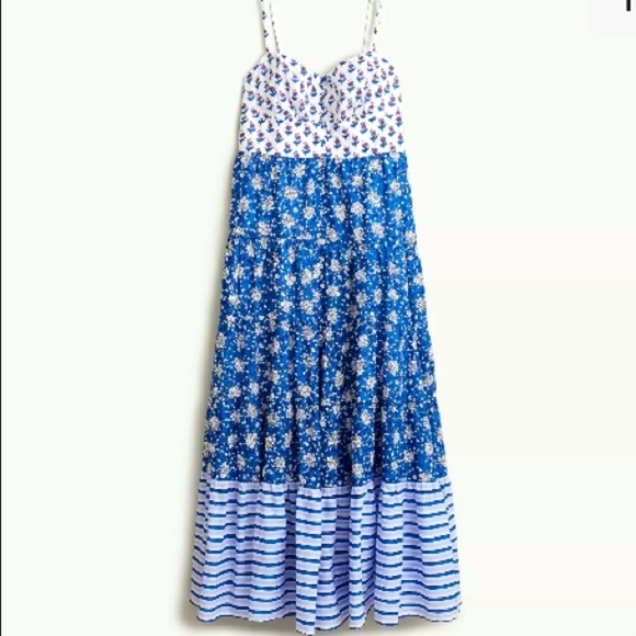 J. Crew Dresses & Skirts - J. CREW Blue White Floral Block Print Smocked Patchwork CottonTiered Dress 4 NEW